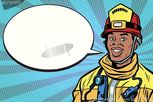 Image of African American firefighter portrait, comic bubble