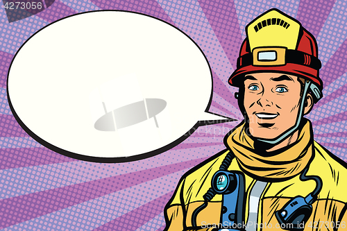 Image of Portrait of a smiling fireman, comic book bubble