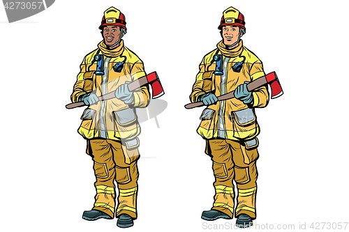 Image of African American and Caucasian firemen in uniform with axes