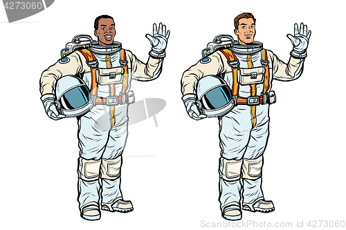 Image of African and Caucasian astronauts in spacesuits