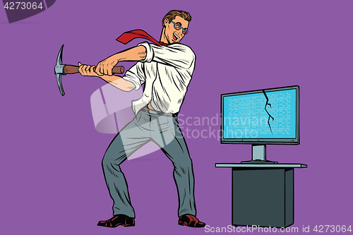 Image of Businessman breaks the computer, cryptographer virus ransomware 