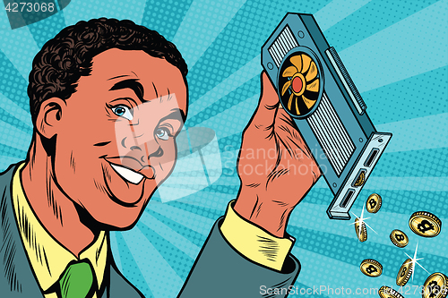 Image of African American businessman is mining bitcoins with a video car