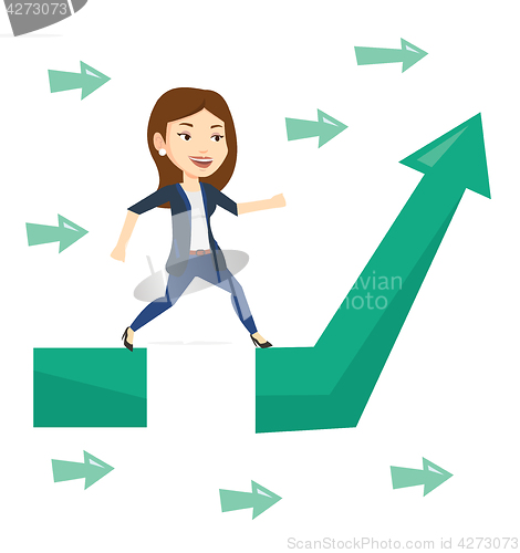Image of Business woman jumping over gap on arrow going up.