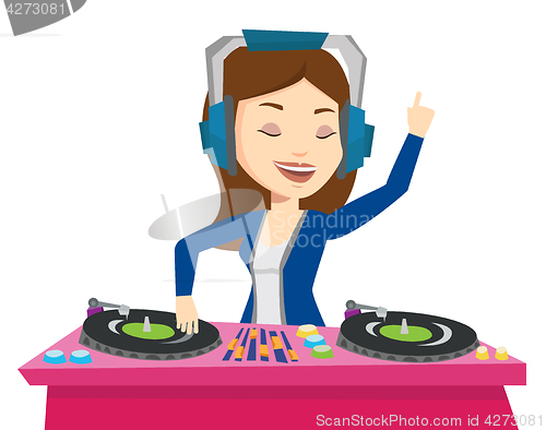 Image of DJ mixing music on turntables vector illustration.