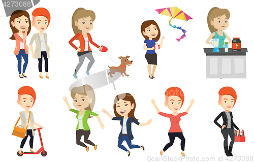 Image of Vector set of people during leisure activity.