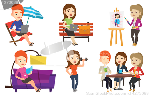 Image of Vector set of people during leisure activity.