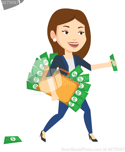 Image of Business woman with briefcase full of money.