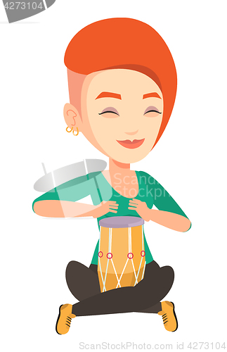 Image of Woman playing ethnic drum vector illustration.