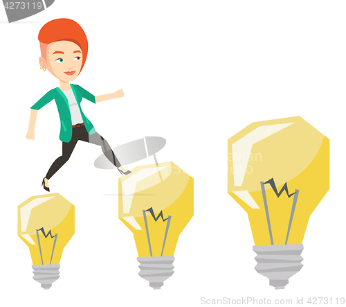 Image of Business woman jumping on light bulbs.