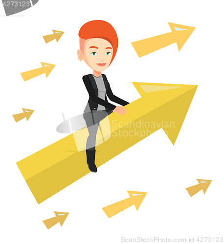 Image of Happy business woman flying to success.