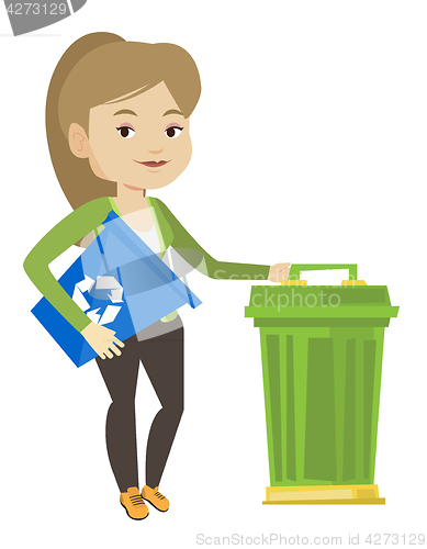 Image of Woman with recycle bin and trash can.