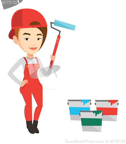 Image of Painter holding paint roller vector illustration.