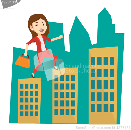 Image of Business woman walking on the roofs of buildings.