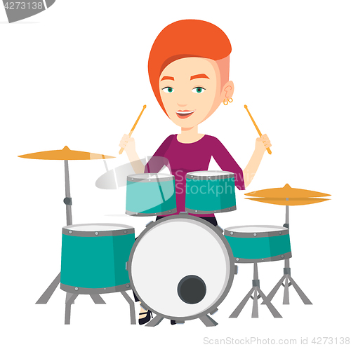 Image of Woman playing on drum kit vector illustration.