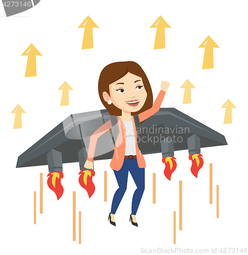 Image of Happy businesswoman flying on rocket to success.