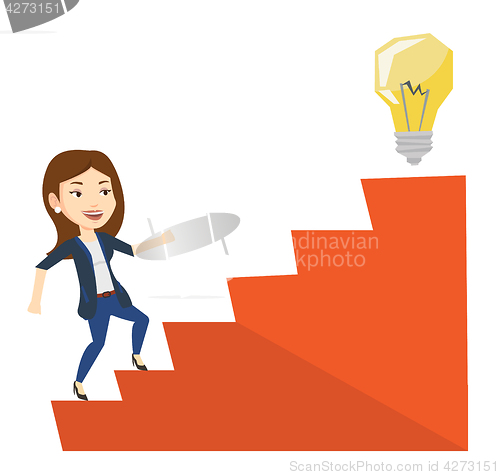 Image of Business woman walking upstairs to the idea bulb.