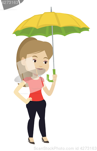 Image of Business woman insurance agent with umbrella.
