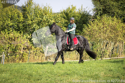 Image of Beautiful young woman rides her black Horse 