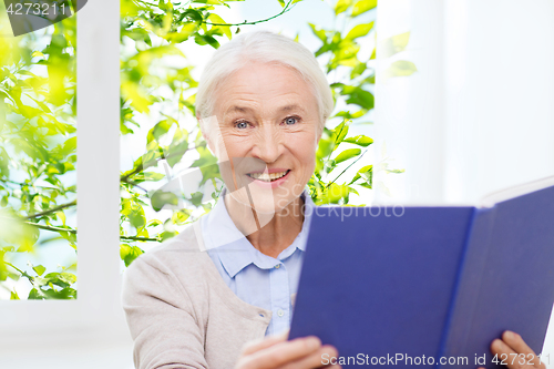 Image of happy smiling senior woman reading book at home