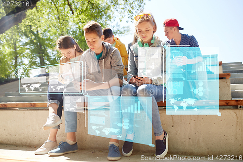 Image of group of teenage friends with smartphones outdoors
