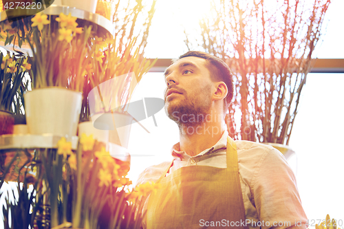 Image of florist man with narcissus flowers at flower shop