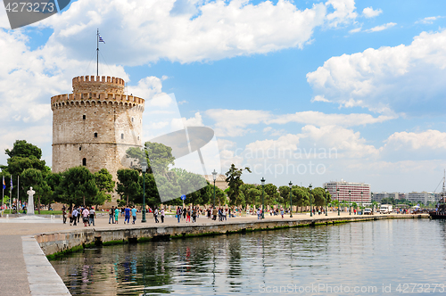 Image of People walking near White Tower, Thessaloniki, Greece