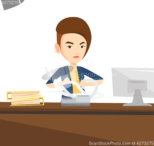 Image of Angry business woman tearing bills or invoices.