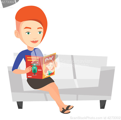 Image of Woman reading magazine on sofa vector illustration