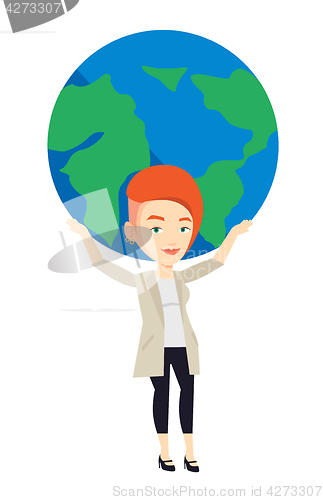 Image of Business woman holding globe vector illustration.