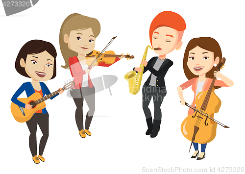 Image of Band of musicians playing on musical instruments.