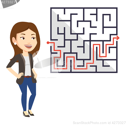 Image of Business woman looking at labyrinth with solution.