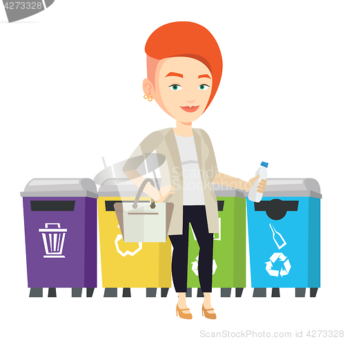 Image of Woman throwing away plastic bottle.