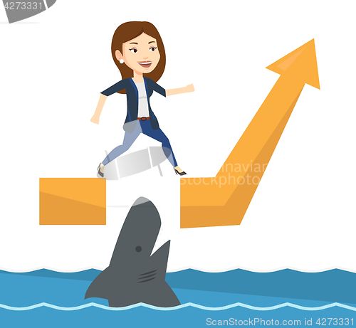 Image of Business woman jumping over ocean with shark.