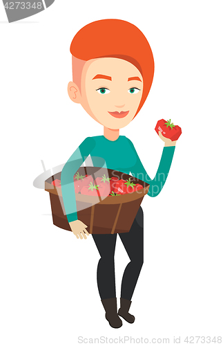 Image of Farmer collecting tomatoes vector illustration.