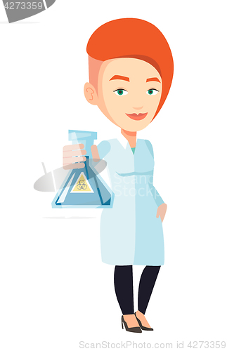 Image of Scientist holding flask with biohazard sign.