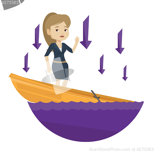 Image of Business woman standing in sinking boat.