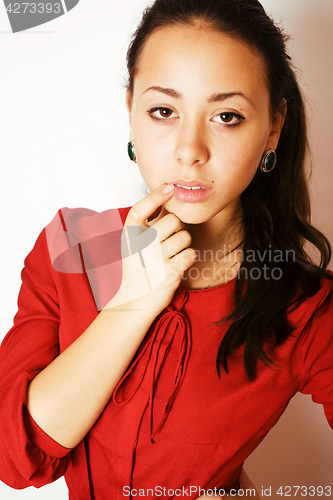 Image of young pretty brunette woman smiling happy on white background, l