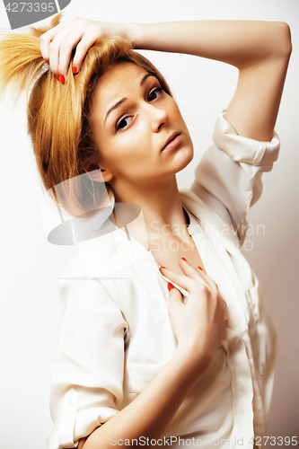 Image of young blond woman on white backgroung gesture thumbs up, isolate