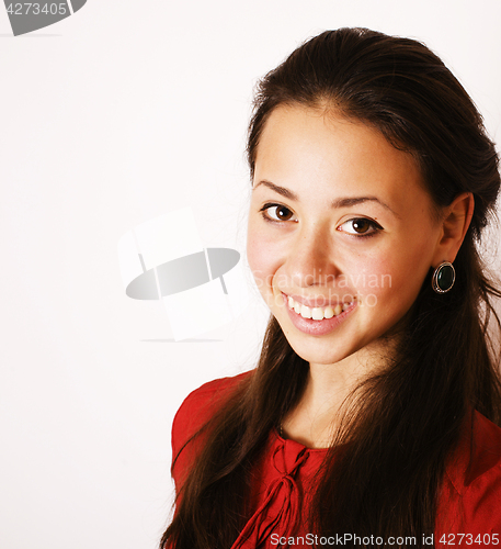 Image of young pretty brunette woman smiling happy on white background, l