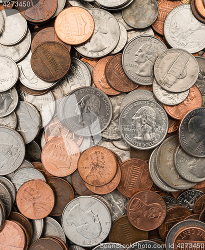 Image of American Dollar Currency Coins Lay Flat Pennies Nickels Quarters