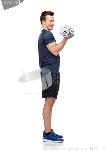 Image of sportive man flexing muscles with dumbbell