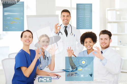 Image of group of doctors showing ok hand sign at hospital