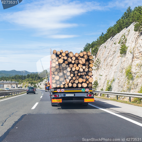 Image of Truck carrying wood on motorway.