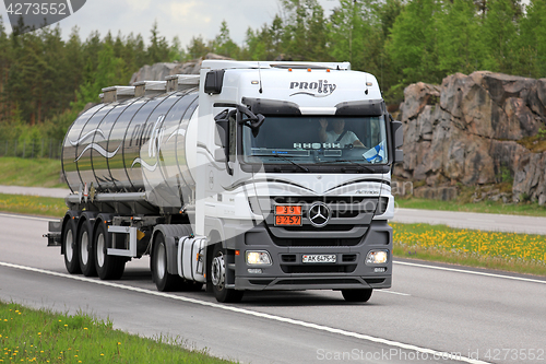 Image of White Mercedes-Benz Actros Semi Tanker ADR Transport at Summer