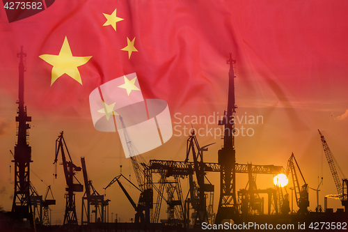 Image of Industrial concept with China flag at sunset