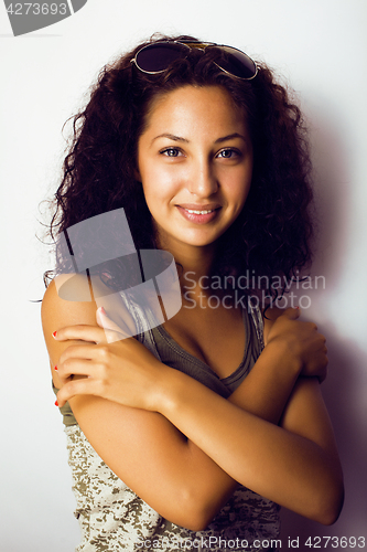 Image of young pretty stylish hipster girl posing emotional isolated on white background happy smiling cool smile, lifestyle people concept 