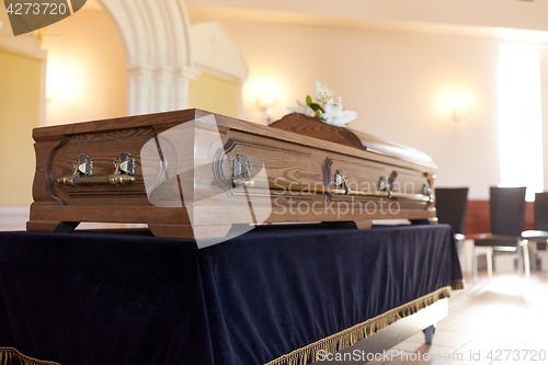 Image of coffin at funeral in orthodox church