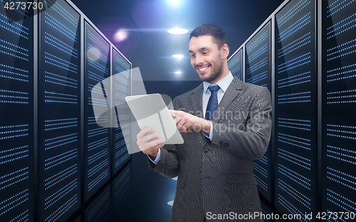 Image of businessman with tablet pc over server room