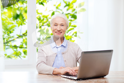 Image of happy senior woman with laptop at home