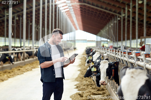 Image of young man with tablet pc and cows on dairy farm